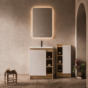 English Elm 24 Inch Modern Oak Bathroom Vanity Set with Ceramic Sink and Interchangeable Door Panels Low Side Cabinet W3450S00146