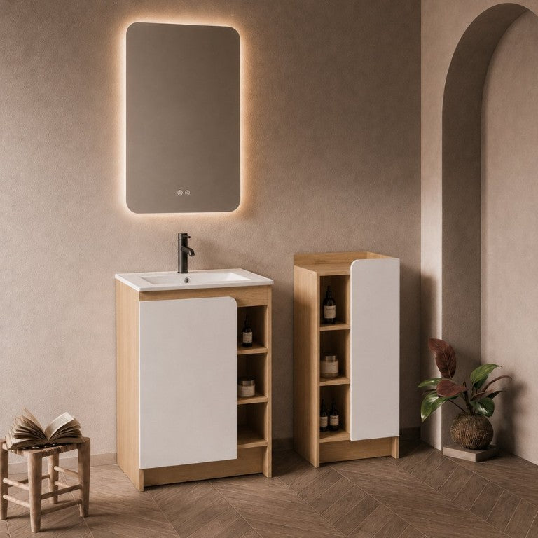English Elm 24 Inch Modern Oak Bathroom Vanity Set with Ceramic Sink and Interchangeable Door Panels Low Side Cabinet W3450S00146