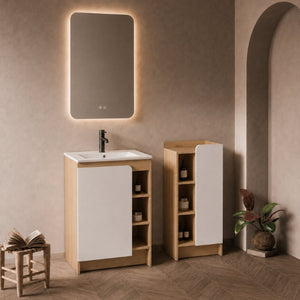 English Elm 24 Inch Modern Oak Bathroom Vanity Set with Ceramic Sink and Interchangeable Door Panels Low Side Cabinet W3450S00146
