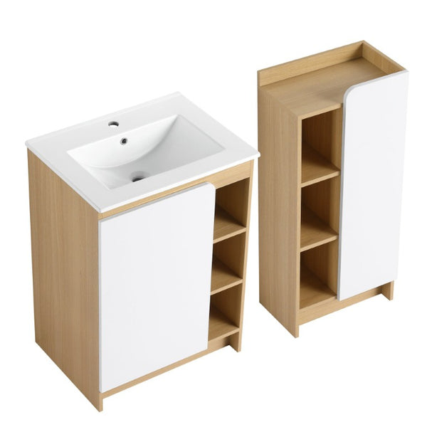 English Elm 24 Inch Modern Oak Bathroom Vanity Set with Ceramic Sink and Interchangeable Door Panels Low Side Cabinet W3450S00146