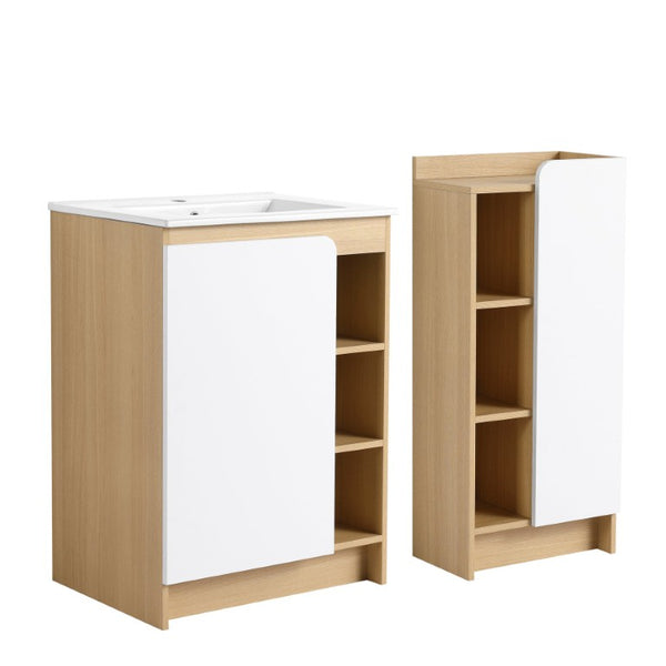 English Elm 24 Inch Modern Oak Bathroom Vanity Set with Ceramic Sink and Interchangeable Door Panels Low Side Cabinet W3450S00146