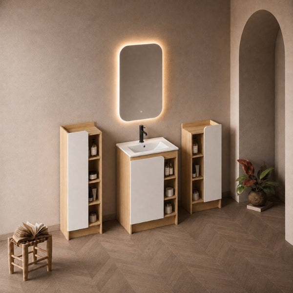 English Elm 24 Inch Light Oak Plywood Bathroom Vanity Set with Ceramic Sink and Swappable Door Panels W3450S00147