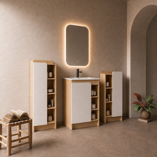English Elm 24 Inch Light Oak Plywood Bathroom Vanity Set with Ceramic Sink and Swappable Door Panels W3450S00147