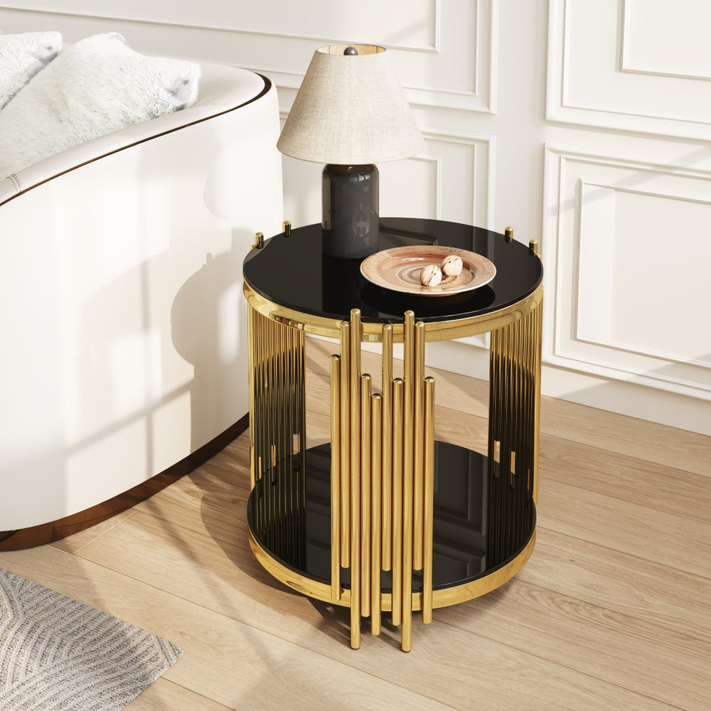 English Elm 19.7" Round Two-tier Black Tempered Glass Side Table with Sculptural Gold Steel Base W3456P466727