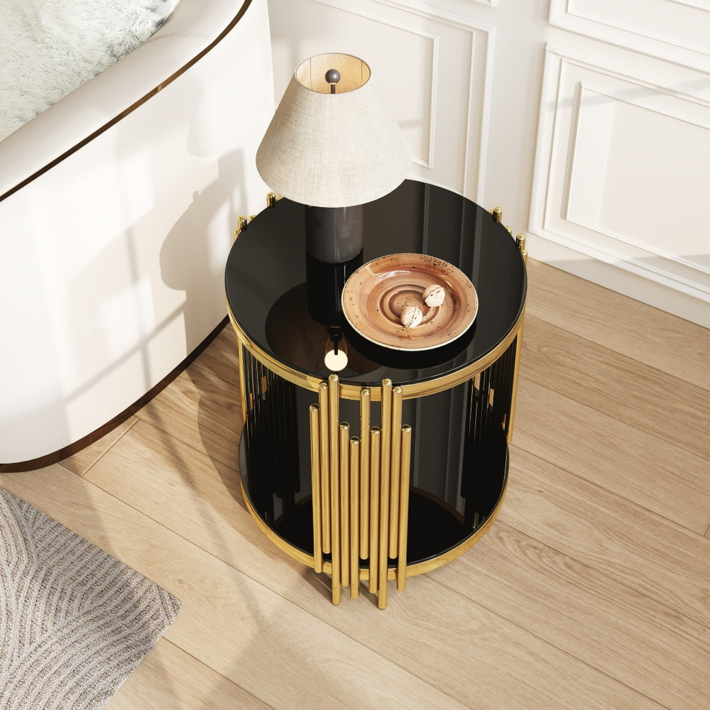 English Elm 19.7" Round Two-tier Black Tempered Glass Side Table with Sculptural Gold Steel Base W3456P466727
