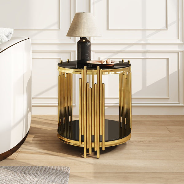 English Elm 19.7" Round Two-tier Black Tempered Glass Side Table with Sculptural Gold Steel Base W3456P466727