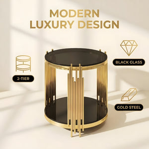 English Elm 19.7" Round Two-tier Black Tempered Glass Side Table with Sculptural Gold Steel Base W3456P466727