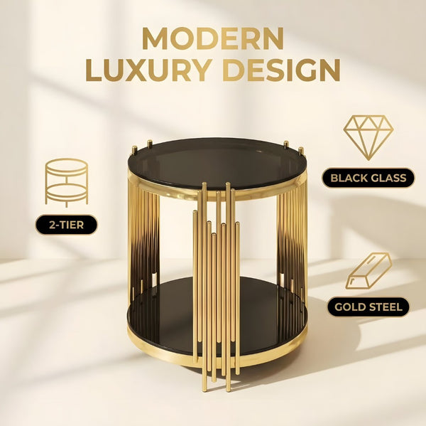 English Elm 19.7" Round Two-tier Black Tempered Glass Side Table with Sculptural Gold Steel Base W3456P466727