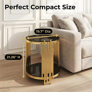 English Elm 19.7" Round Two-tier Black Tempered Glass Side Table with Sculptural Gold Steel Base W3456P466727