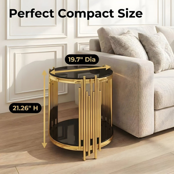 English Elm 19.7" Round Two-tier Black Tempered Glass Side Table with Sculptural Gold Steel Base W3456P466727