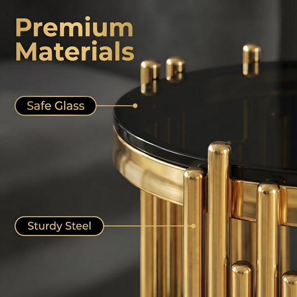 English Elm 19.7" Round Two-tier Black Tempered Glass Side Table with Sculptural Gold Steel Base W3456P466727