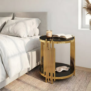 English Elm 19.7" Round Two-tier Black Tempered Glass Side Table with Sculptural Gold Steel Base W3456P466727