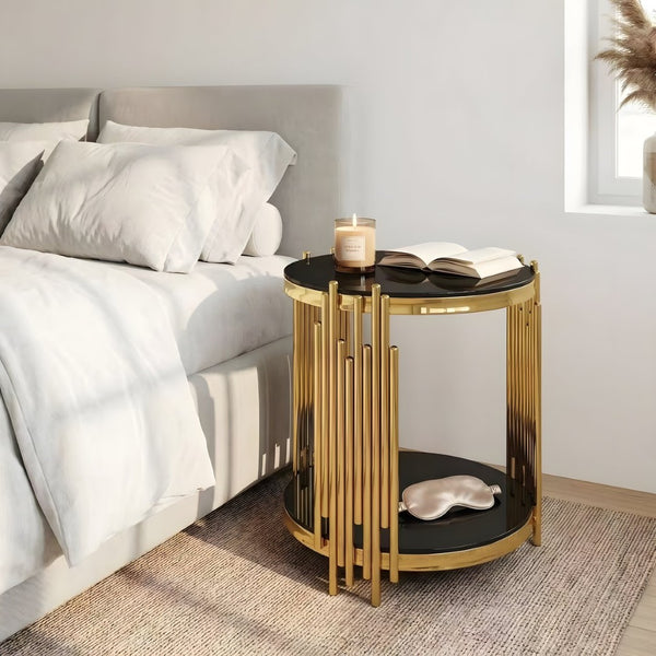 English Elm 19.7" Round Two-tier Black Tempered Glass Side Table with Sculptural Gold Steel Base W3456P466727