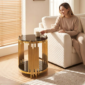 English Elm 19.7" Round Two-tier Black Tempered Glass Side Table with Sculptural Gold Steel Base W3456P466727