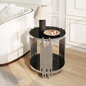 English Elm 19.7" Round Two-tier Black Tempered Glass Side Table with Sculptural Steel Base W3456P466728