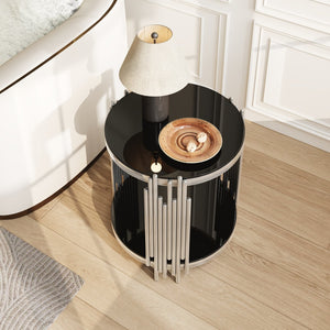 English Elm 19.7" Round Two-tier Black Tempered Glass Side Table with Sculptural Steel Base W3456P466728