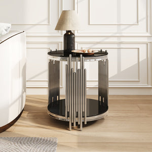 English Elm 19.7" Round Two-tier Black Tempered Glass Side Table with Sculptural Steel Base W3456P466728