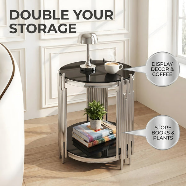 English Elm 19.7" Round Two-tier Black Tempered Glass Side Table with Sculptural Steel Base W3456P466728