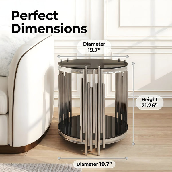 English Elm 19.7" Round Two-tier Black Tempered Glass Side Table with Sculptural Steel Base W3456P466728