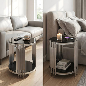 English Elm 19.7" Round Two-tier Black Tempered Glass Side Table with Sculptural Steel Base W3456P466728