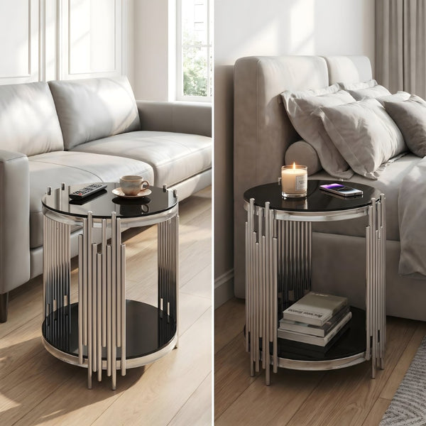 English Elm 19.7" Round Two-tier Black Tempered Glass Side Table with Sculptural Steel Base W3456P466728