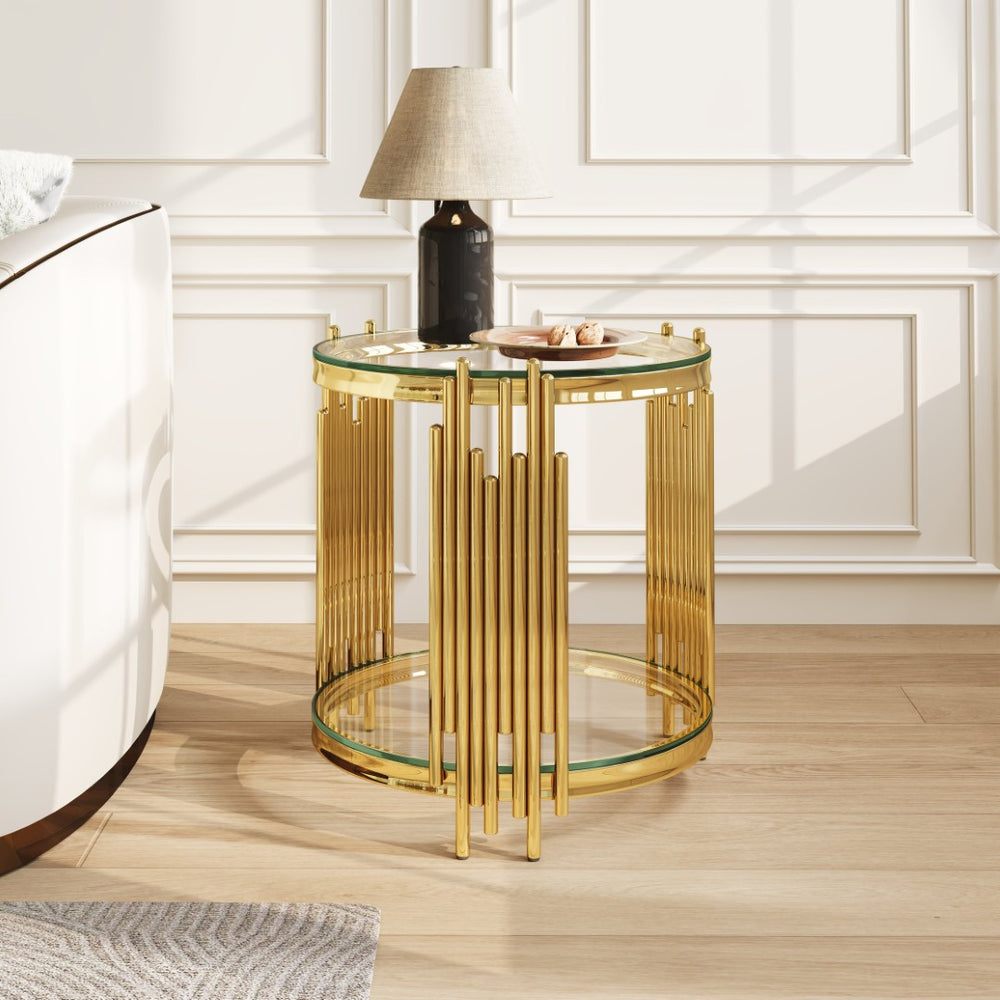 English Elm 19.7" Round Two-tier Tempered Glass End Table Polished Steel Frame Glam Living Room Gold+Clear W3456P466729
