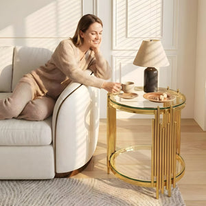 English Elm 19.7" Round Two-tier Tempered Glass End Table Polished Steel Frame Glam Living Room Gold+Clear W3456P466729