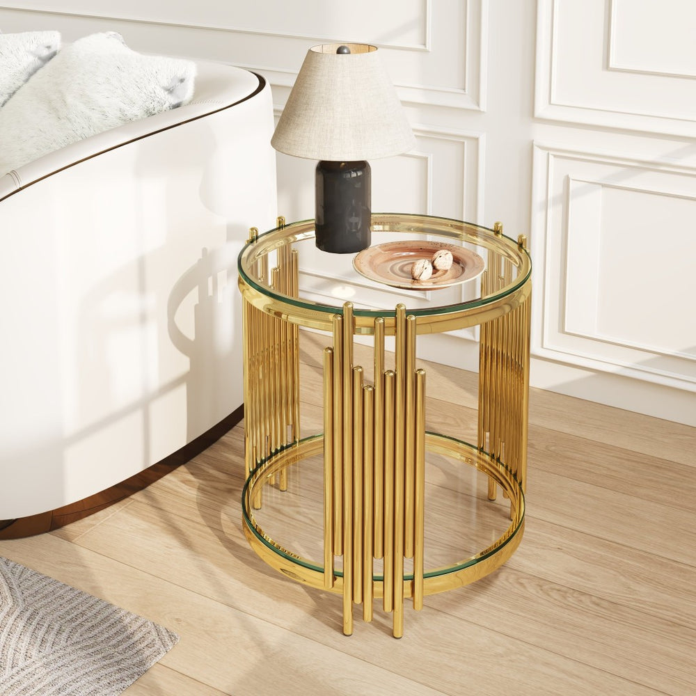 English Elm 19.7" Round Two-tier Tempered Glass End Table Polished Steel Frame Glam Living Room Gold+Clear W3456P466729