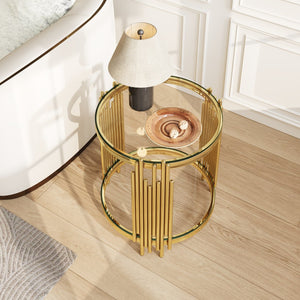 English Elm 19.7" Round Two-tier Tempered Glass End Table Polished Steel Frame Glam Living Room Gold+Clear W3456P466729
