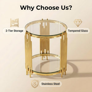 English Elm 19.7" Round Two-tier Tempered Glass End Table Polished Steel Frame Glam Living Room Gold+Clear W3456P466729