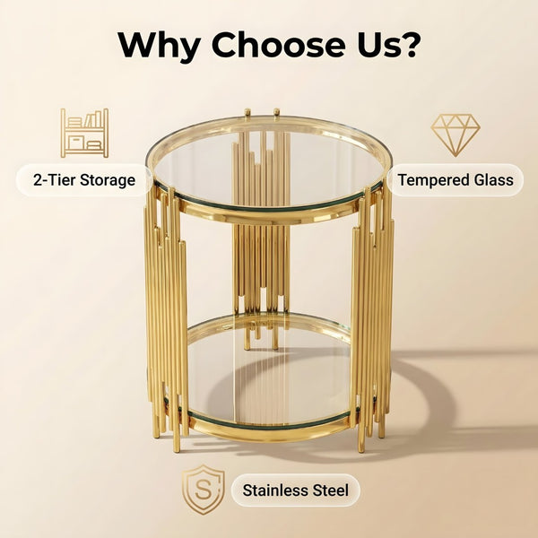 English Elm 19.7" Round Two-tier Tempered Glass End Table Polished Steel Frame Glam Living Room Gold+Clear W3456P466729
