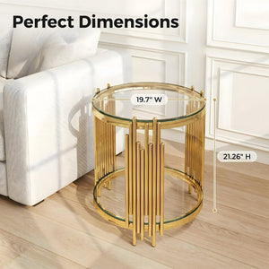 English Elm 19.7" Round Two-tier Tempered Glass End Table Polished Steel Frame Glam Living Room Gold+Clear W3456P466729