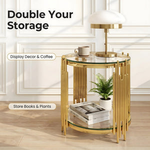 English Elm 19.7" Round Two-tier Tempered Glass End Table Polished Steel Frame Glam Living Room Gold+Clear W3456P466729