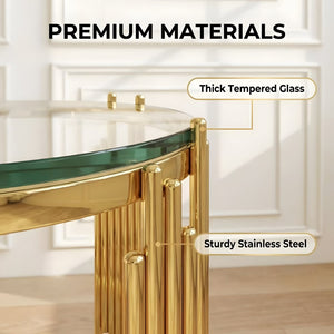 English Elm 19.7" Round Two-tier Tempered Glass End Table Polished Steel Frame Glam Living Room Gold+Clear W3456P466729