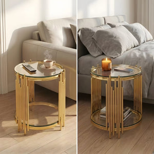 English Elm 19.7" Round Two-tier Tempered Glass End Table Polished Steel Frame Glam Living Room Gold+Clear W3456P466729