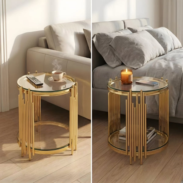 English Elm 19.7" Round Two-tier Tempered Glass End Table Polished Steel Frame Glam Living Room Gold+Clear W3456P466729