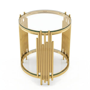 English Elm 19.7" Round Two-tier Tempered Glass End Table Polished Steel Frame Glam Living Room Gold+Clear W3456P466729