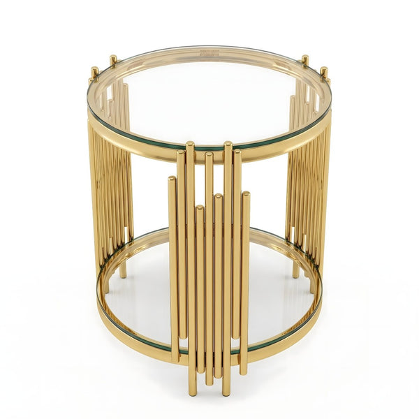 English Elm 19.7" Round Two-tier Tempered Glass End Table Polished Steel Frame Glam Living Room Gold+Clear W3456P466729