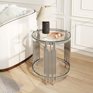 English Elm 19.7" Round Two-tier Tempered Glass End Table Polished Steel Frame Glam Living Room Silver+Clear W3456P466730