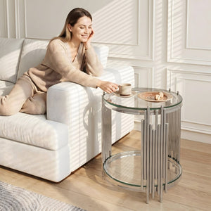English Elm 19.7" Round Two-tier Tempered Glass End Table Polished Steel Frame Glam Living Room Silver+Clear W3456P466730