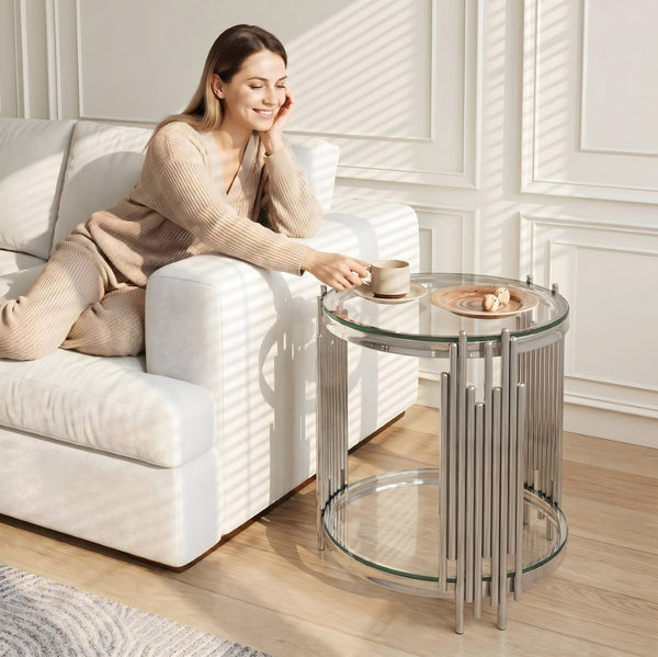 English Elm 19.7" Round Two-tier Tempered Glass End Table Polished Steel Frame Glam Living Room Silver+Clear W3456P466730