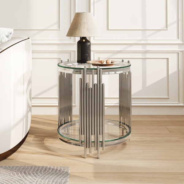 English Elm 19.7" Round Two-tier Tempered Glass End Table Polished Steel Frame Glam Living Room Silver+Clear W3456P466730
