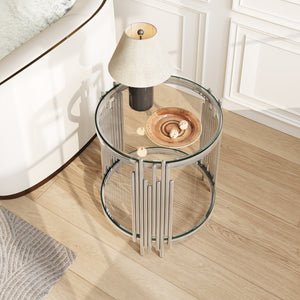 English Elm 19.7" Round Two-tier Tempered Glass End Table Polished Steel Frame Glam Living Room Silver+Clear W3456P466730