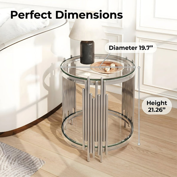 English Elm 19.7" Round Two-tier Tempered Glass End Table Polished Steel Frame Glam Living Room Silver+Clear W3456P466730