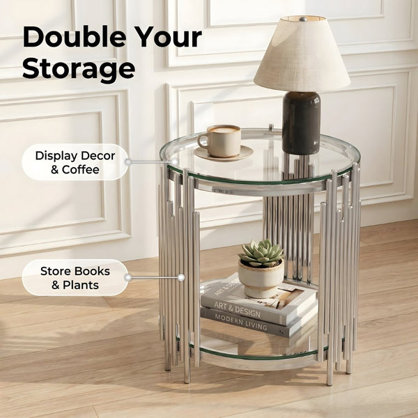 English Elm 19.7" Round Two-tier Tempered Glass End Table Polished Steel Frame Glam Living Room Silver+Clear W3456P466730