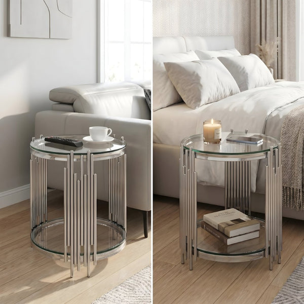 English Elm 19.7" Round Two-tier Tempered Glass End Table Polished Steel Frame Glam Living Room Silver+Clear W3456P466730