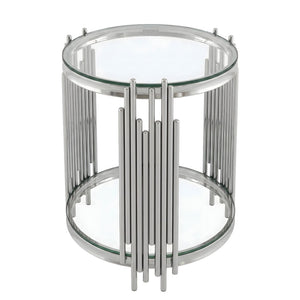 English Elm 19.7" Round Two-tier Tempered Glass End Table Polished Steel Frame Glam Living Room Silver+Clear W3456P466730