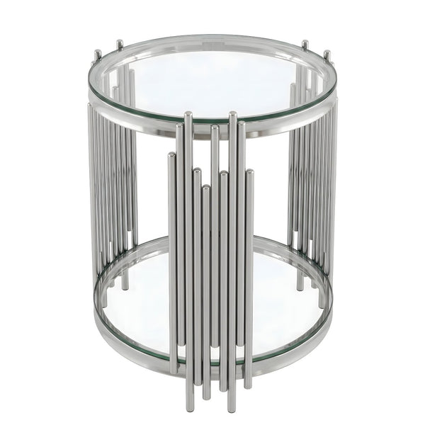 English Elm 19.7" Round Two-tier Tempered Glass End Table Polished Steel Frame Glam Living Room Silver+Clear W3456P466730