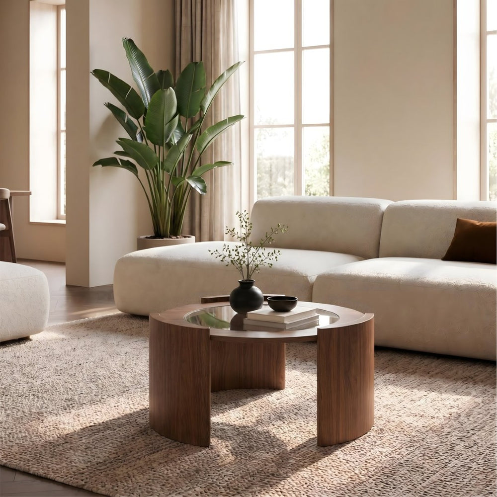 English Elm Mid-century Round Walnut Coffee Table with Tempered Glass Top and Sculptural Curved Legs W3456P498909