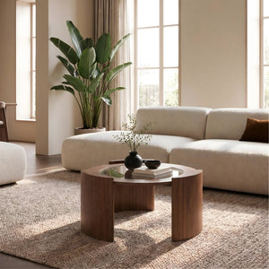 English Elm Mid-century Round Walnut Coffee Table with Tempered Glass Top and Sculptural Curved Legs W3456P498909